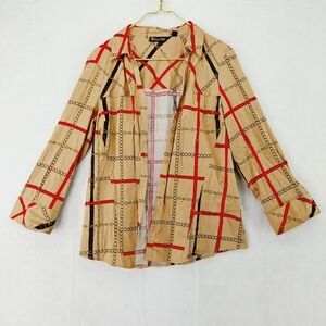New York & Company Beige and Red Plaid Button Down Shirt